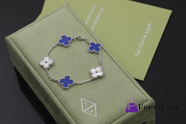 Fortok Van Cleef & Arpels Alhambra Blue Mother of Pearl and Silver 5 Motifs Silver Bracelet - 1