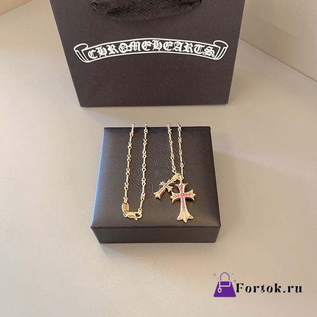 Fortok Chrome Hearts Red Crystal Double Cross Necklace Gold  - 1