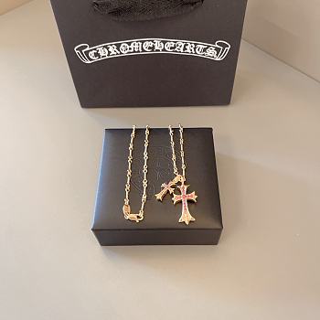 Fortok Chrome Hearts Red Crystal Double Cross Necklace Gold 