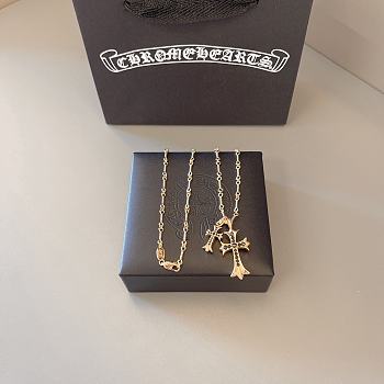 Fortok Chrome Hearts Black Crystal Double Cross Necklace Gold 