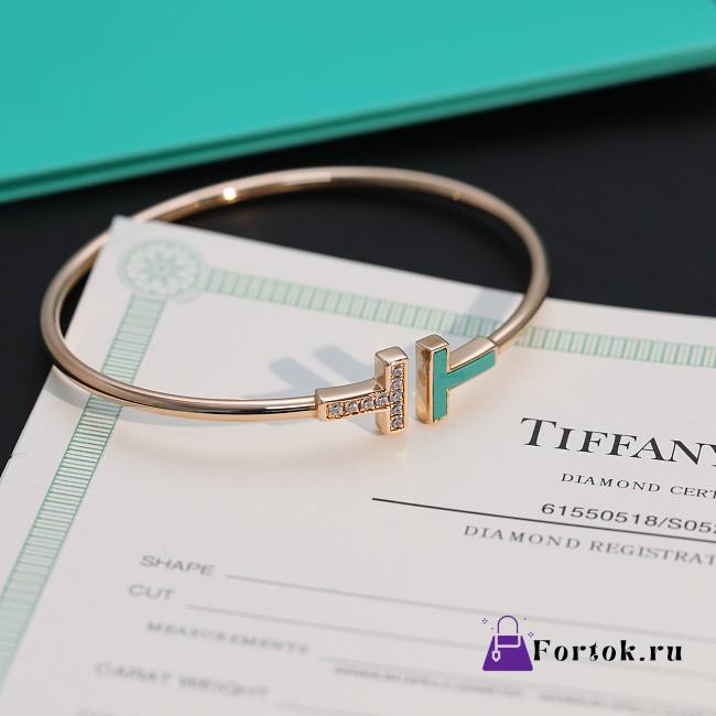 Fortok Tiffany Green T Narrow Wire Bracelet in Rose Gold And Diamond - 1