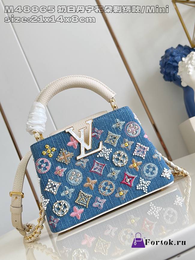 Fortok Louis Vuitton Capucines Denim Detailed With White Handle 13.6 x 8 x 21cm - 1
