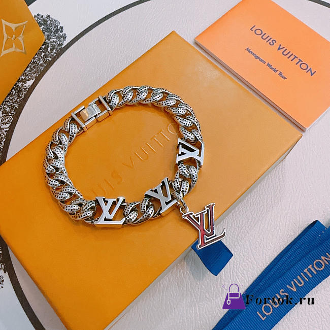 Fortok Louis Vuitton Monogram Chain Bracelet Silver LV Charm Red - 1