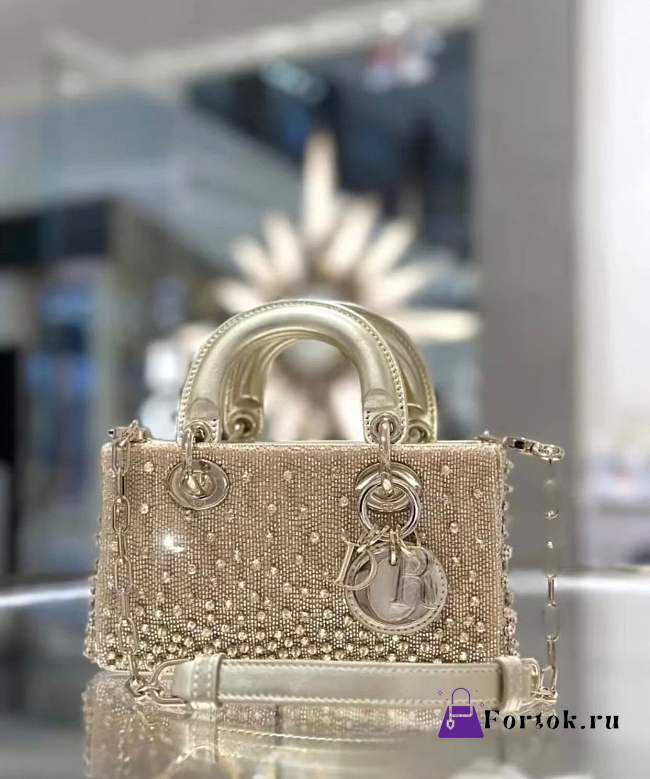 Fortok Dior D-Joy Rose Gold Metallic Lambskin Crystal Beaded Embroidered 16 x 9 x 5cm - 1