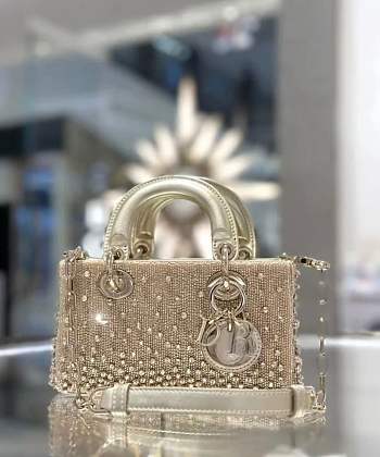 Fortok Dior D-Joy Rose Gold Metallic Lambskin Crystal Beaded Embroidered 16 x 9 x 5cm