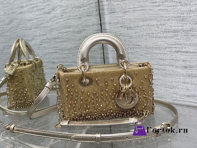 Fortok Dior D-Joy Gold Metallic Lambskin Crystal Beaded Embroidered 16 x 9 x 5cm - 1