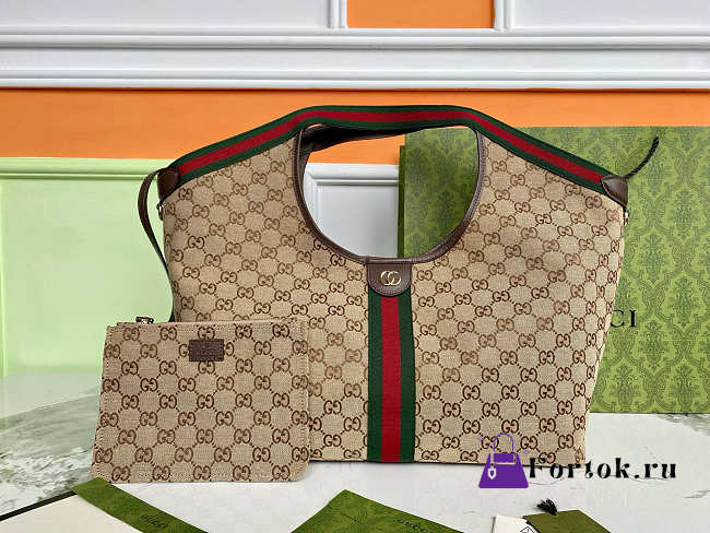 Fortok Gucci Giglio large tote bag beige and brown GG canvas 60×47×16cm - 1
