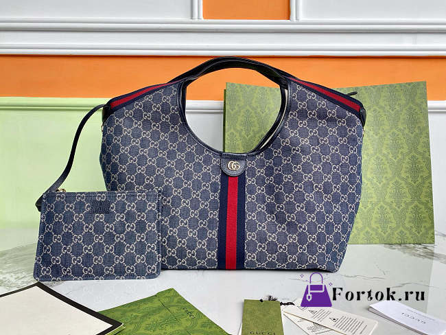 Fortok Gucci Giglio large tote bag blue and white GG denim 60×47×16cm - 1