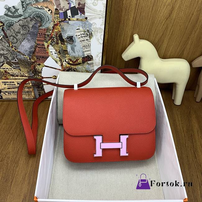 Fortok Hermes Constance 24cm Epsom S3 Neon Red With Pink Hardware  - 1