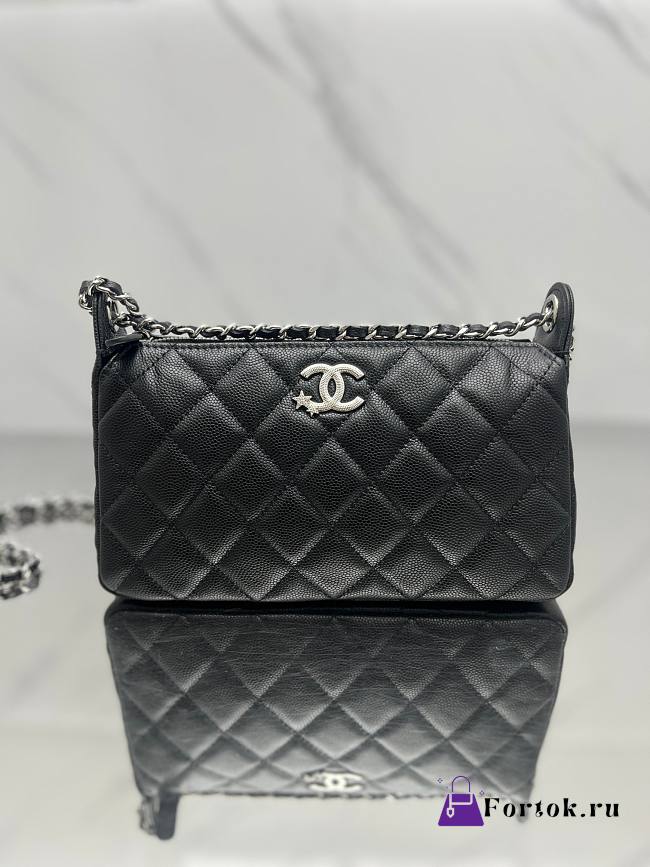 Fortok Chanel shoulder bag 25B Black CC Logo Silver Caviar12*21*5.5cm - 1