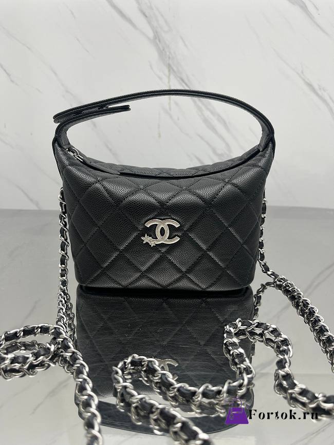 Fortok Chanel 25B Chain Hobo Bag Black Caviar Leather 19*21*6cm - 1