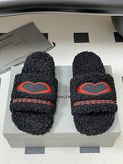 Fortok Balenciaga Furry Slide Sandals in black with a red embroidered logo - 1