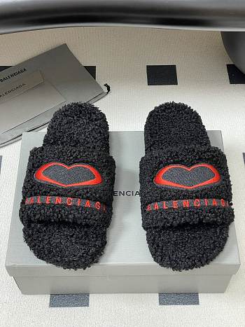 Fortok Balenciaga Furry Slide Sandals in black with a red embroidered logo