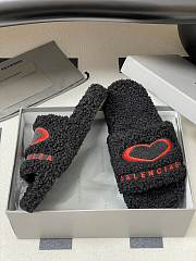 Fortok Balenciaga Furry Slide Sandals in black with a red embroidered logo - 6