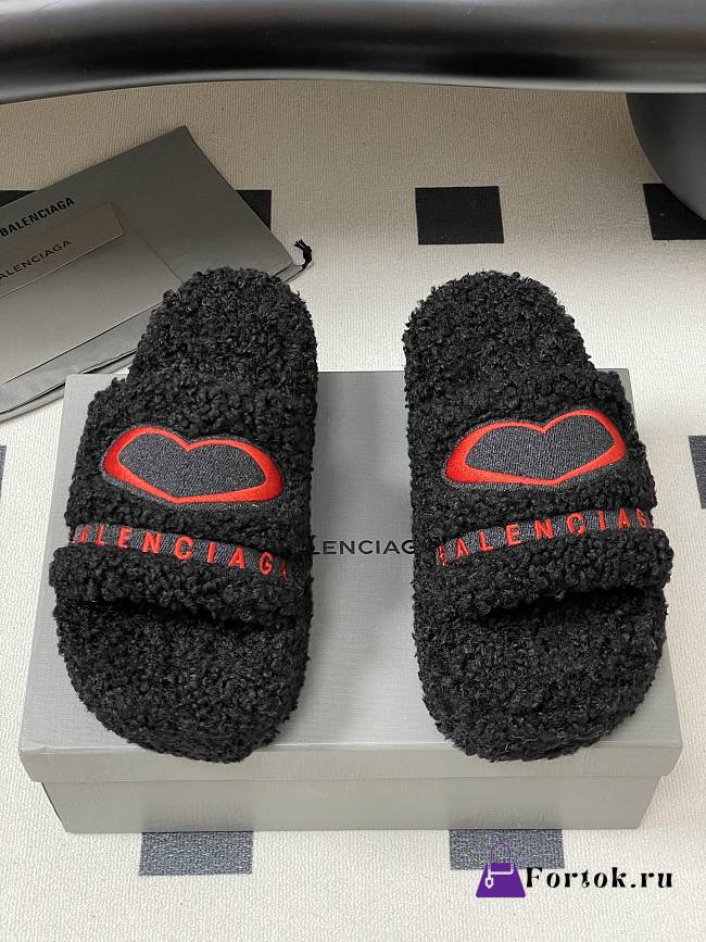 Fortok Balenciaga Furry Wedge Sandals in black with a red embroidered logo  - 1