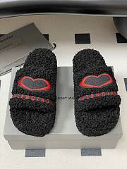 Fortok Balenciaga Furry Wedge Sandals in black with a red embroidered logo  - 1