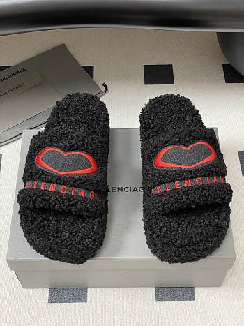 Fortok Balenciaga Furry Wedge Sandals in black with a red embroidered logo 