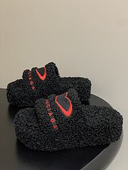 Fortok Balenciaga Furry Wedge Sandals in black with a red embroidered logo  - 5
