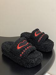 Fortok Balenciaga Furry Wedge Sandals in black with a red embroidered logo  - 3