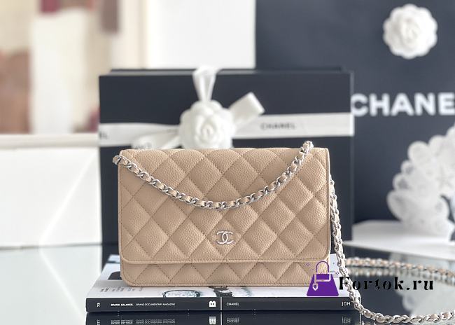 Fortok Chanel WOC classic wealthy bag milk tea color Silver chain small bag 12*19*4cm - 1