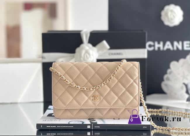 Fortok Chanel WOC classic wealthy bag milk tea color Gold chain small bag 12*19*4cm - 1