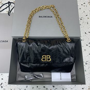 Fortok Balenciaga Women's Black Leather Medium Monaco Shoulder Bag Gold Hardware 32.5x22x9.9cm