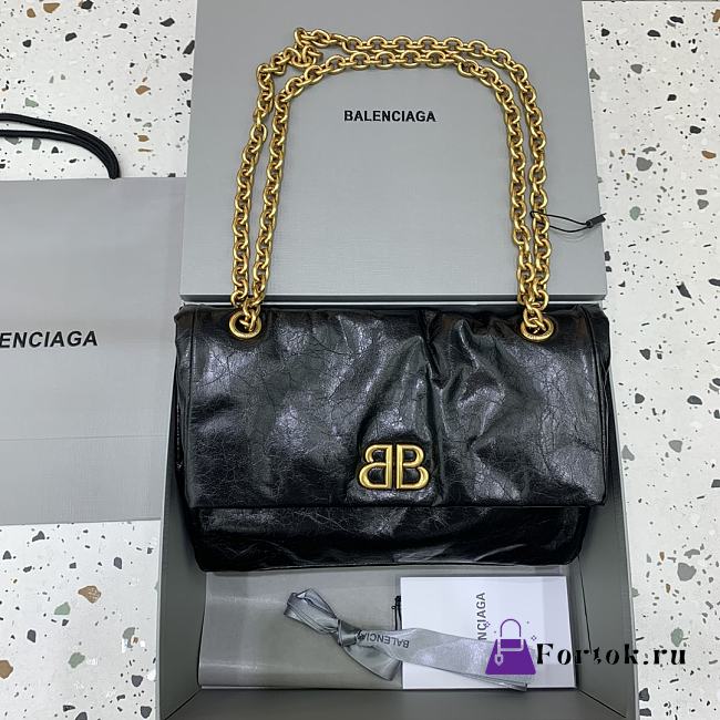 Fortok Balenciaga Women's Black Leather Small Monaco Shoulder Bag Gold Hardware 27.9x18x9.9cm - 1
