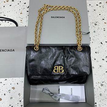 Fortok Balenciaga Women's Black Leather Small Monaco Shoulder Bag Gold Hardware 27.9x18x9.9cm