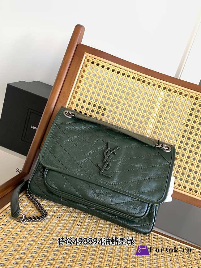 Fortok YSL Saint Laurent Niki Crinkled Glossed-leather Shoulder Bag Deep Green 28 X 20 X 8.5cm - 1