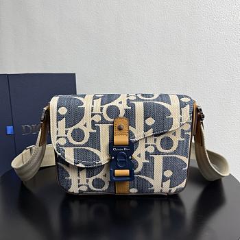 Fortok Dior Saddle Messenger Bag Blue and Beige Raffia-Effect Dior Oblique 23 x 17.5 x 6cm