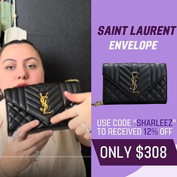 Fortok Saint Laurent Women's Envelope Quilted Grain De Poudre Embossed Leather Black 21×13×6cm