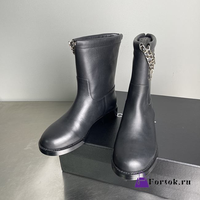 Fortok Chanel Leather Boots Chain Black  - 1
