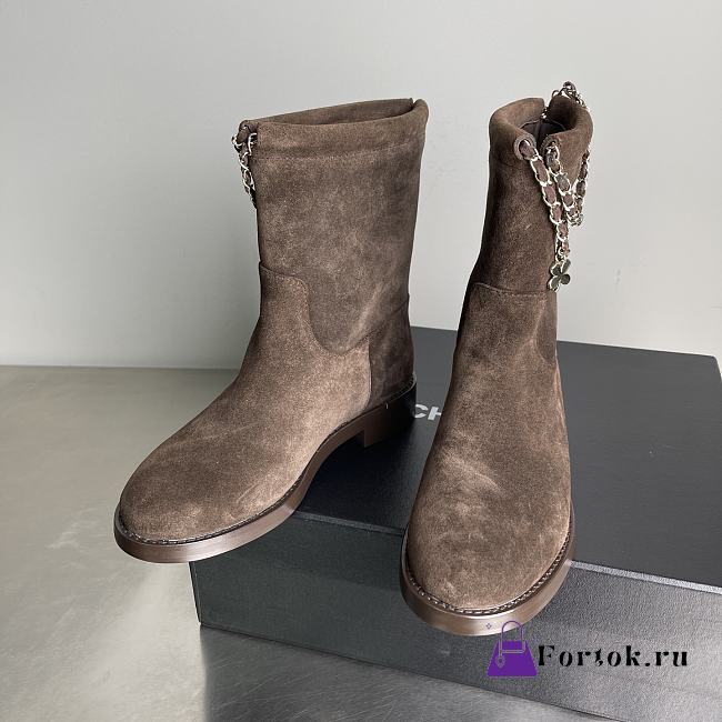 Fortok Chanel Suede Boots Chain Chocolate Brown - 1