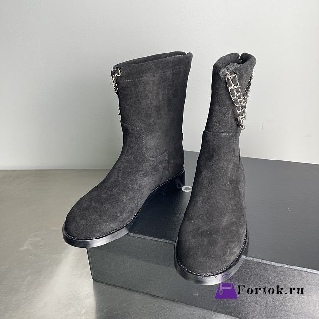 Fortok Chanel Suede Boots Chain Black - 1