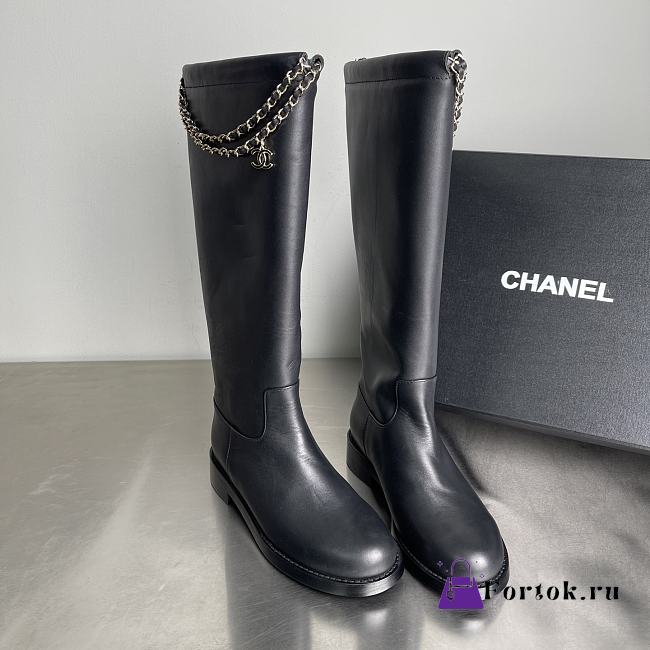 Fortok Chanel Leather Knee-High Boots Chain Black  - 1