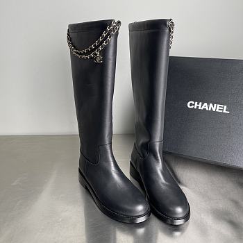 Fortok Chanel Leather Knee-High Boots Chain Black 
