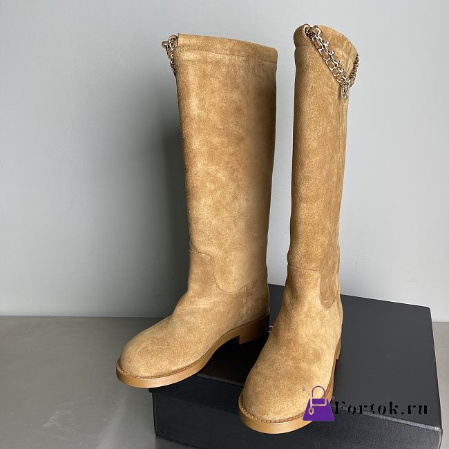 Fortok Chanel Suede Knee-High Boots Chain Brown - 1