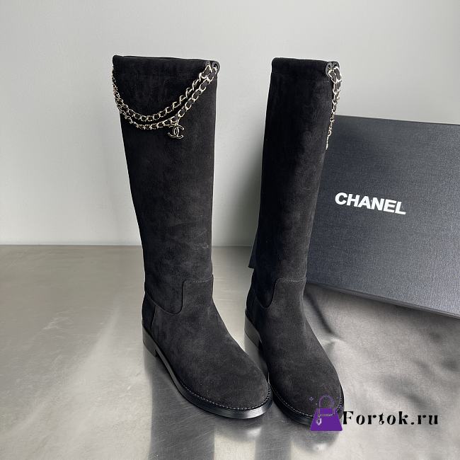 Fortok Chanel Suede Knee-High Boots Chain Black - 1