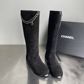 Fortok Chanel Suede Knee-High Boots Chain Black