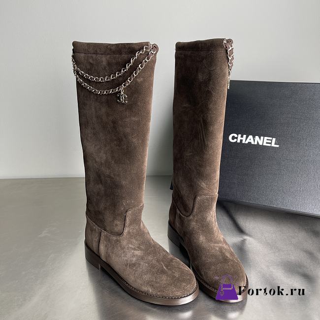 Fortok Chanel Suede Knee-High Boots Chain Chocolate Brown - 1