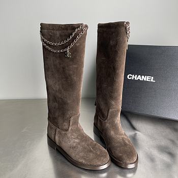 Fortok Chanel Suede Knee-High Boots Chain Chocolate Brown