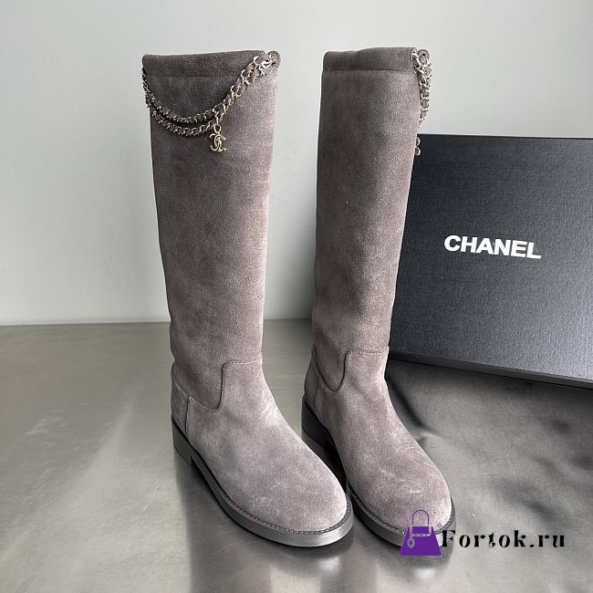 Fortok Chanel Suede Knee-High Boots Chain Grey - 1