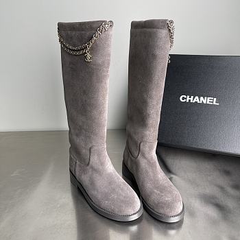 Fortok Chanel Suede Knee-High Boots Chain Grey