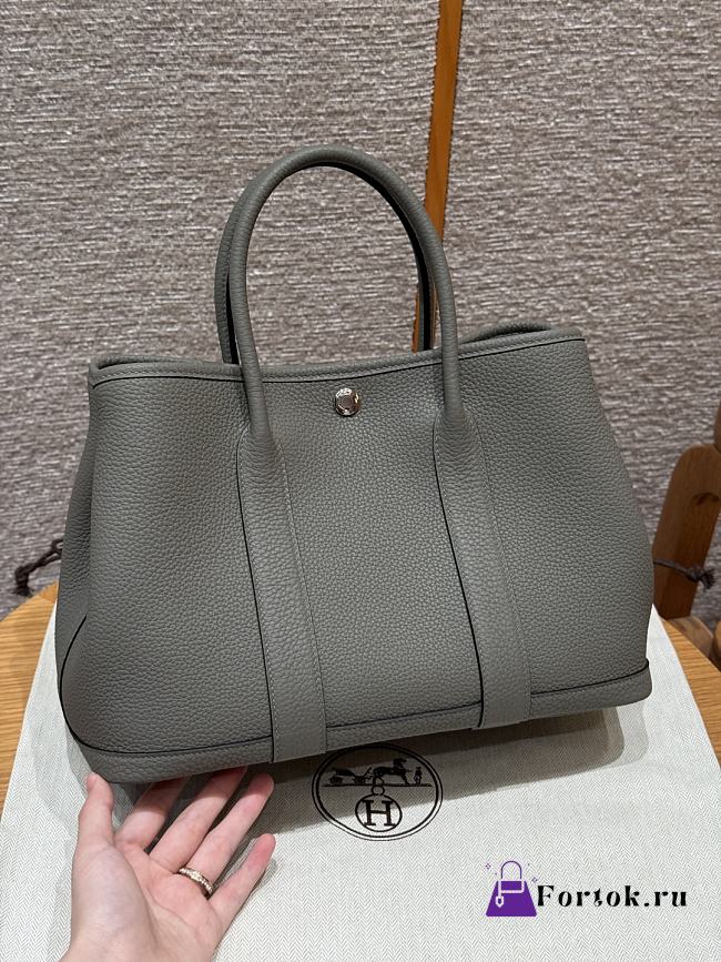 Fortok Hermès Garden Party 30 Bag Gris Meyer Negonda Leather Silver Hardware 30*21*13cm  - 1