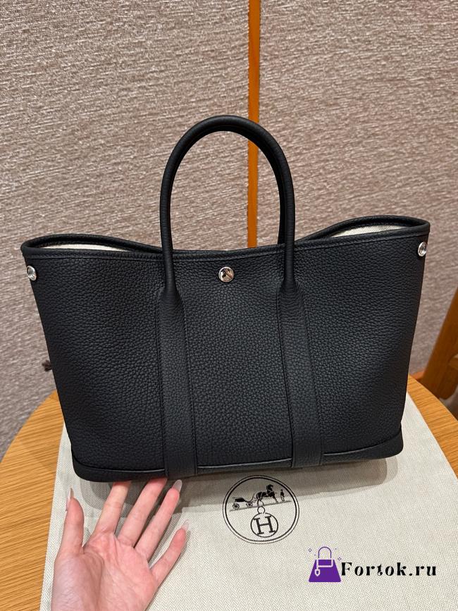 Fortok Hermès Garden Party 30 Bag Noir Vache Country Leather Silver Hardware 30*21*13cm  - 1