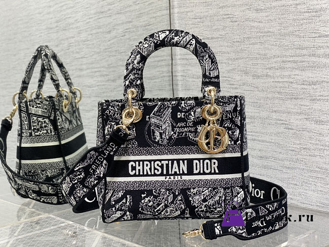 Fortok Dior Medium Lady D-Lite Bag Black and White Plan de Paris Embroidery 24 x 21 x 12 cm - 1