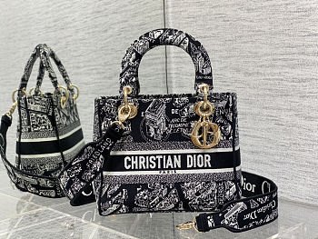 Fortok Dior Medium Lady D-Lite Bag Black and White Plan de Paris Embroidery 24 x 21 x 12 cm