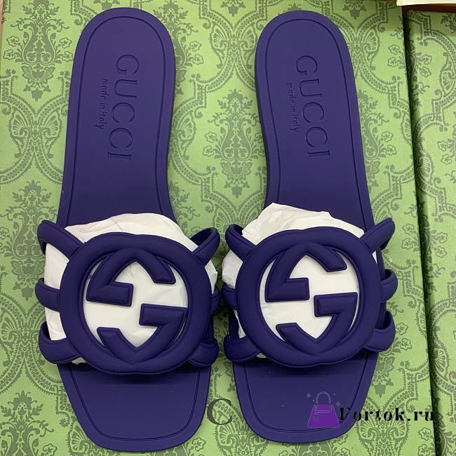 Fortok Gucci Interlocking G Slide Sandals Rubber Purple  - 1