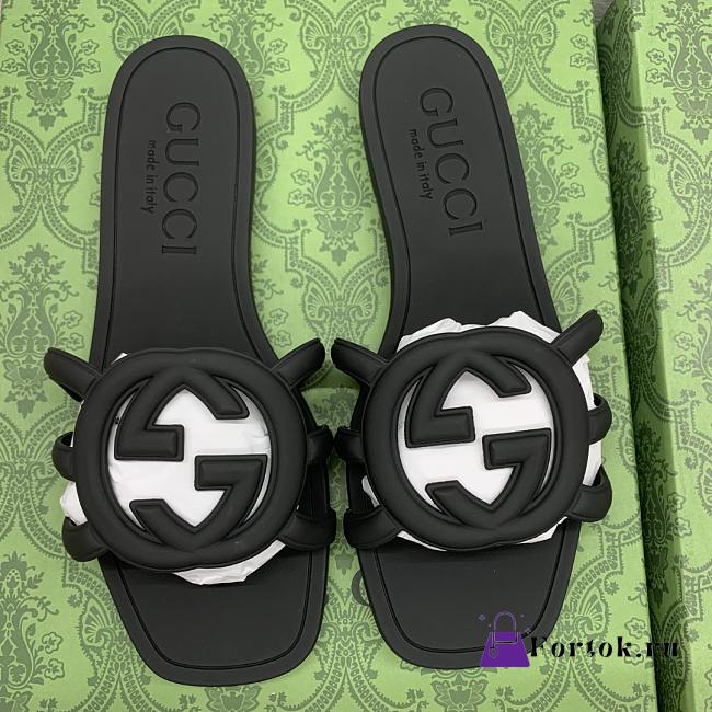 Fortok Gucci Interlocking G Slide Sandals Rubber Black - 1