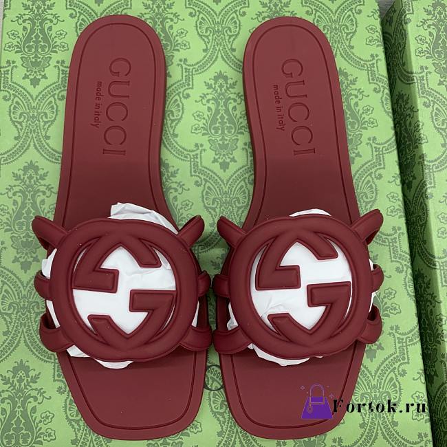 Fortok Gucci Interlocking G Slide Sandals Rubber Rouge - 1